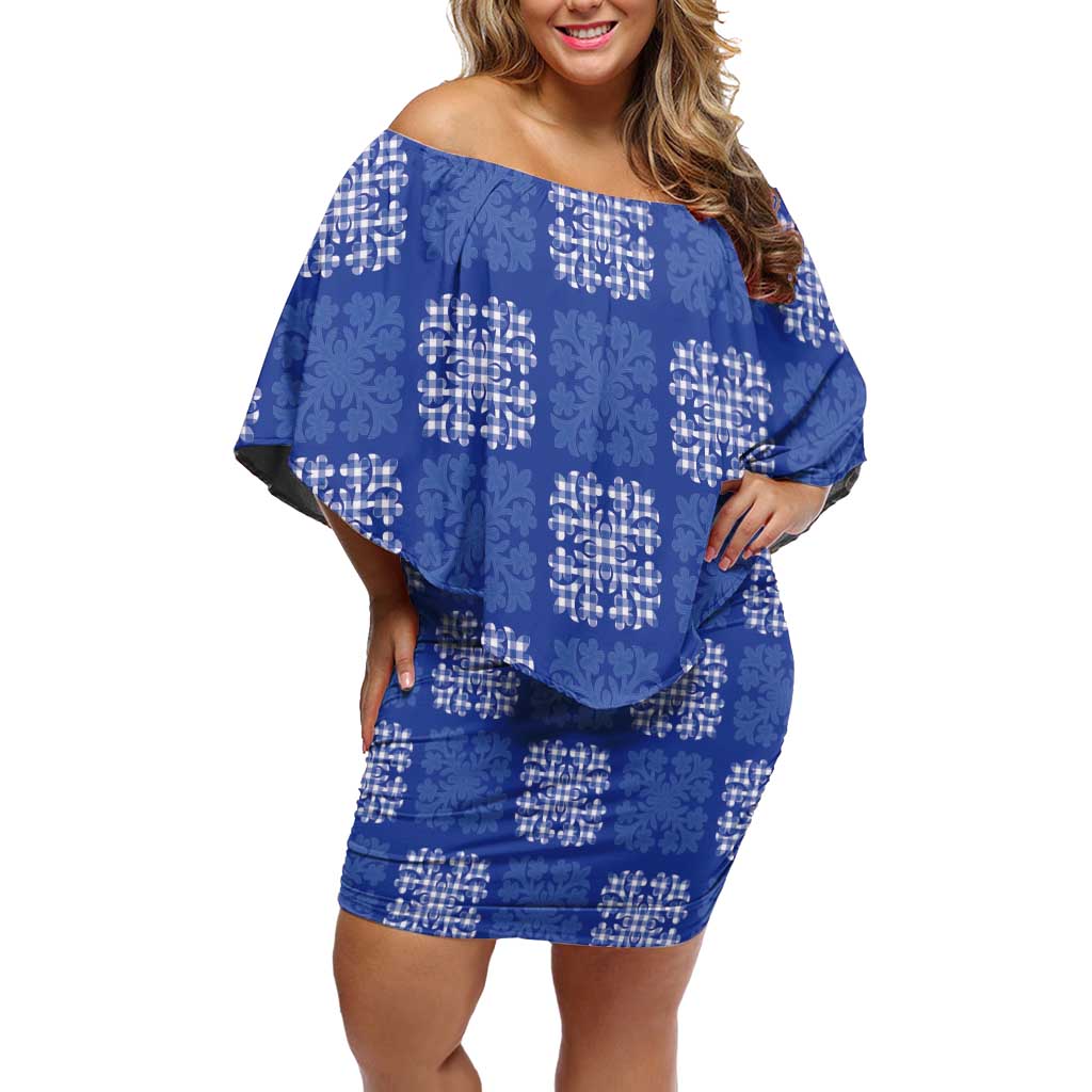 Royal Blue Palaka Quilt Hawaii Off Shoulder Short Dress Traditional Hawaii-plaid Pattern LT14 Women Royal Blue - Polynesian Pride
