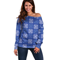 Royal Blue Palaka Quilt Hawaii Off Shoulder Sweater Traditional Hawaii-plaid Pattern LT14 Women Royal Blue - Polynesian Pride