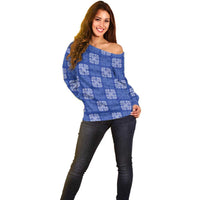 Royal Blue Palaka Quilt Hawaii Off Shoulder Sweater Traditional Hawaii-plaid Pattern LT14 - Polynesian Pride
