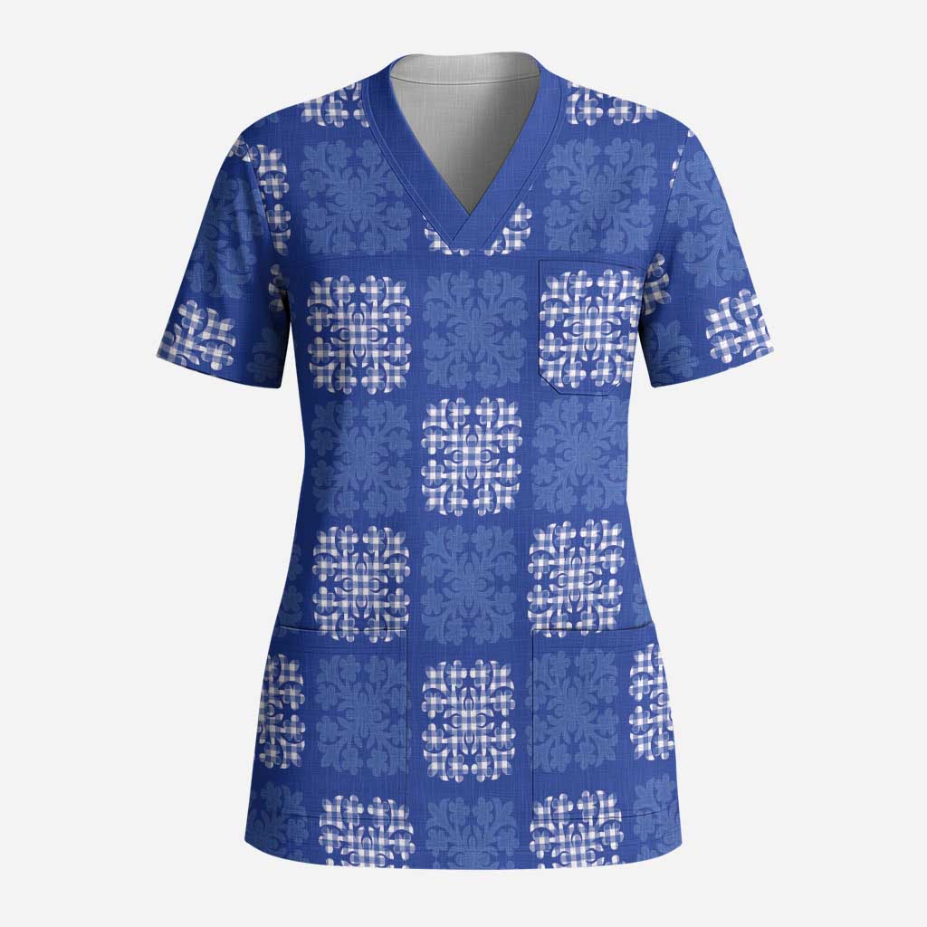 Royal Blue Palaka Quilt Hawaii Scrub Top Traditional Hawaii-plaid Pattern LT14 Adult Royal Blue - Polynesian Pride