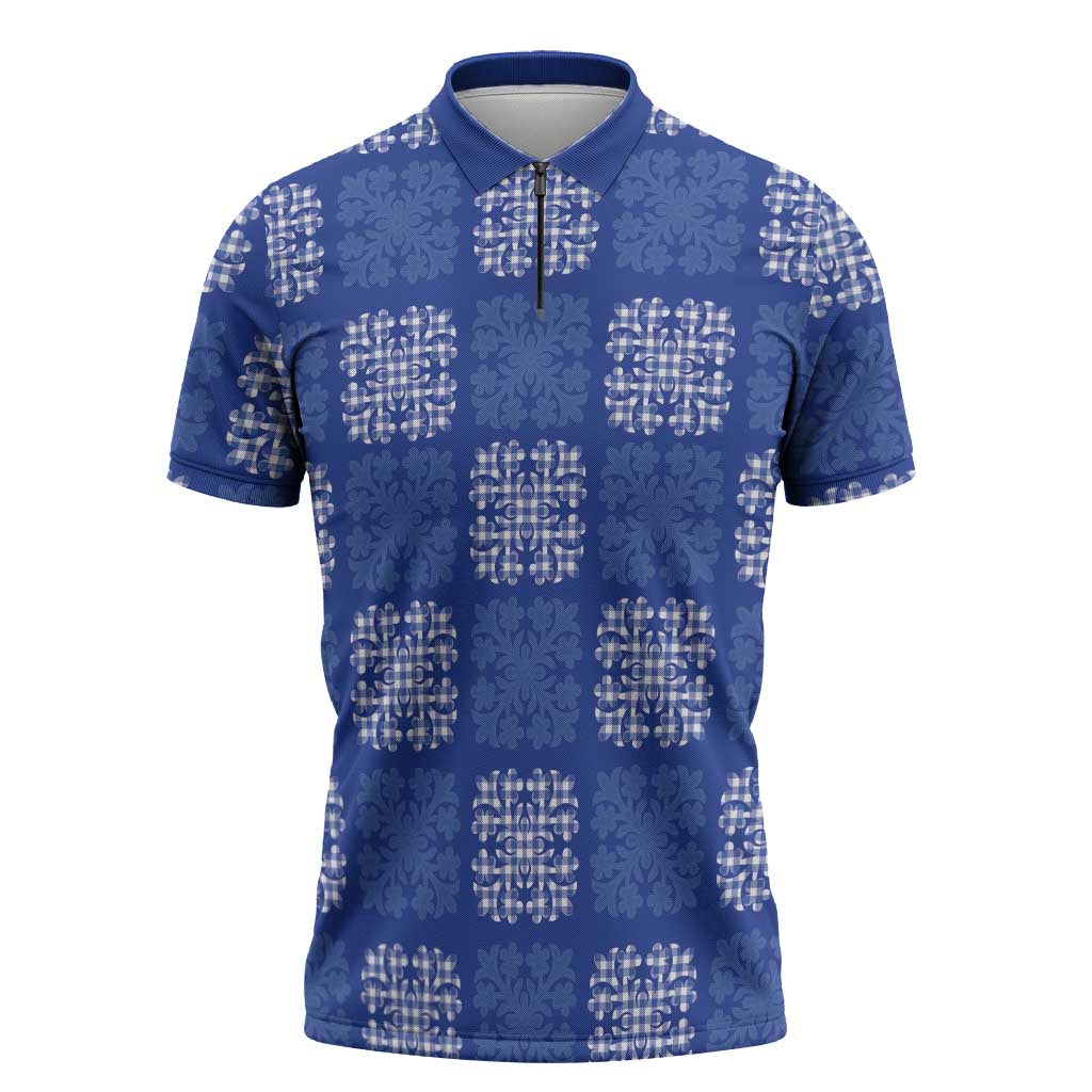 Royal Blue Palaka Quilt Hawaii Zipper Polo Shirt Traditional Hawaii-plaid Pattern LT14 Royal Blue - Polynesian Pride