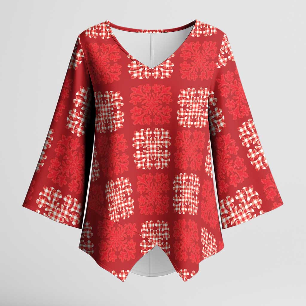Red Palaka Quilt Hawaii Kimono Sleeve Blouse Traditional Hawaii-plaid Pattern LT14 Female Red - Polynesian Pride