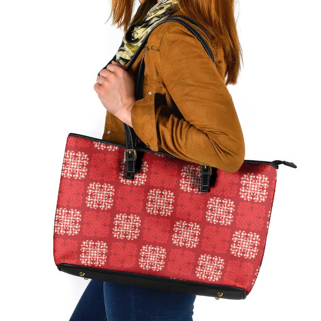 Red Palaka Quilt Hawaii Leather Tote Bag Traditional Hawaii-plaid Pattern LT14 Red - Polynesian Pride