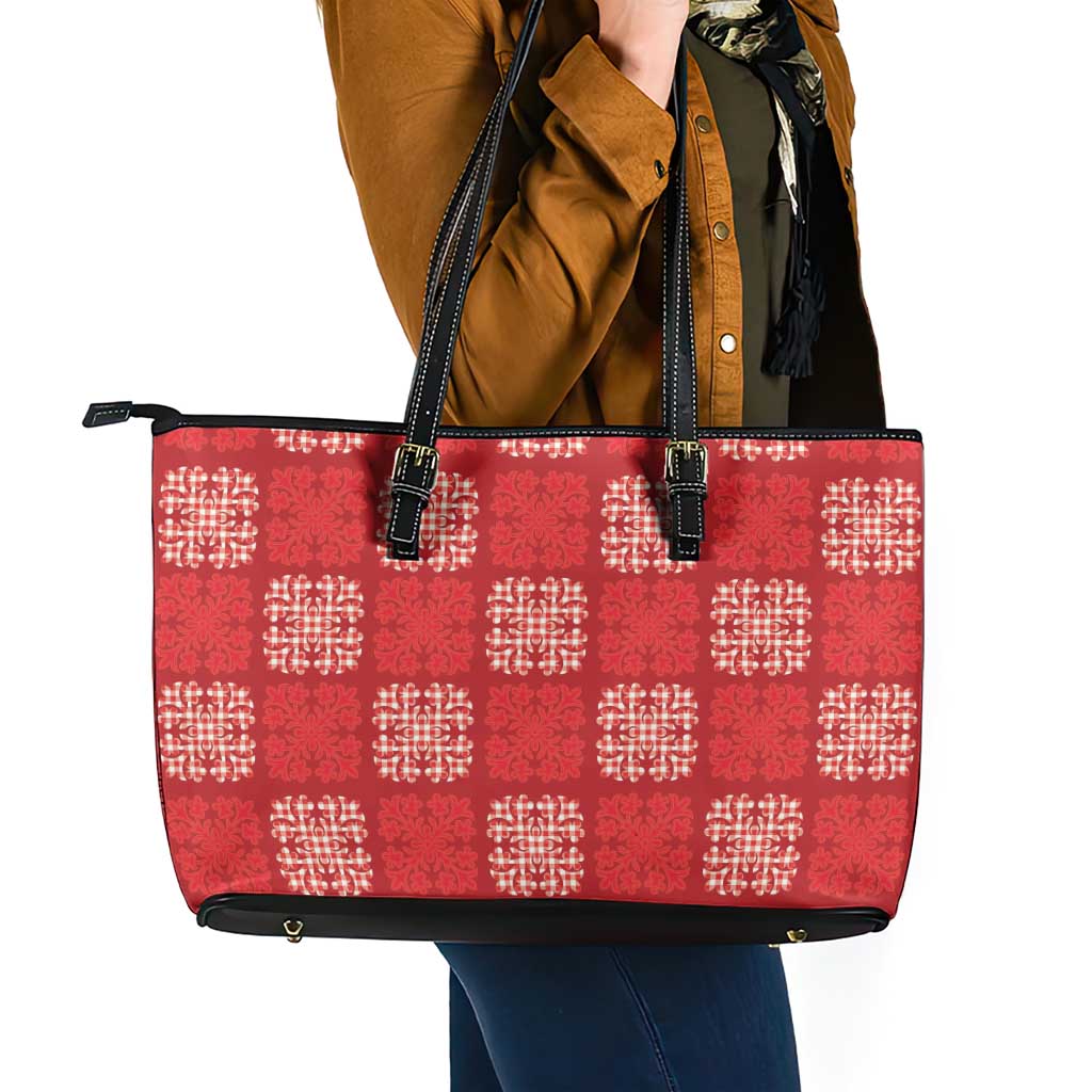 Red Palaka Quilt Hawaii Leather Tote Bag Traditional Hawaii-plaid Pattern LT14 - Polynesian Pride