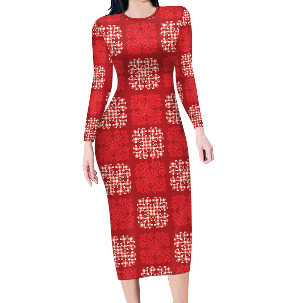 Red Palaka Quilt Hawaii Long Sleeve Bodycon Dress Traditional Hawaii-plaid Pattern LT14 Long Dress Red - Polynesian Pride