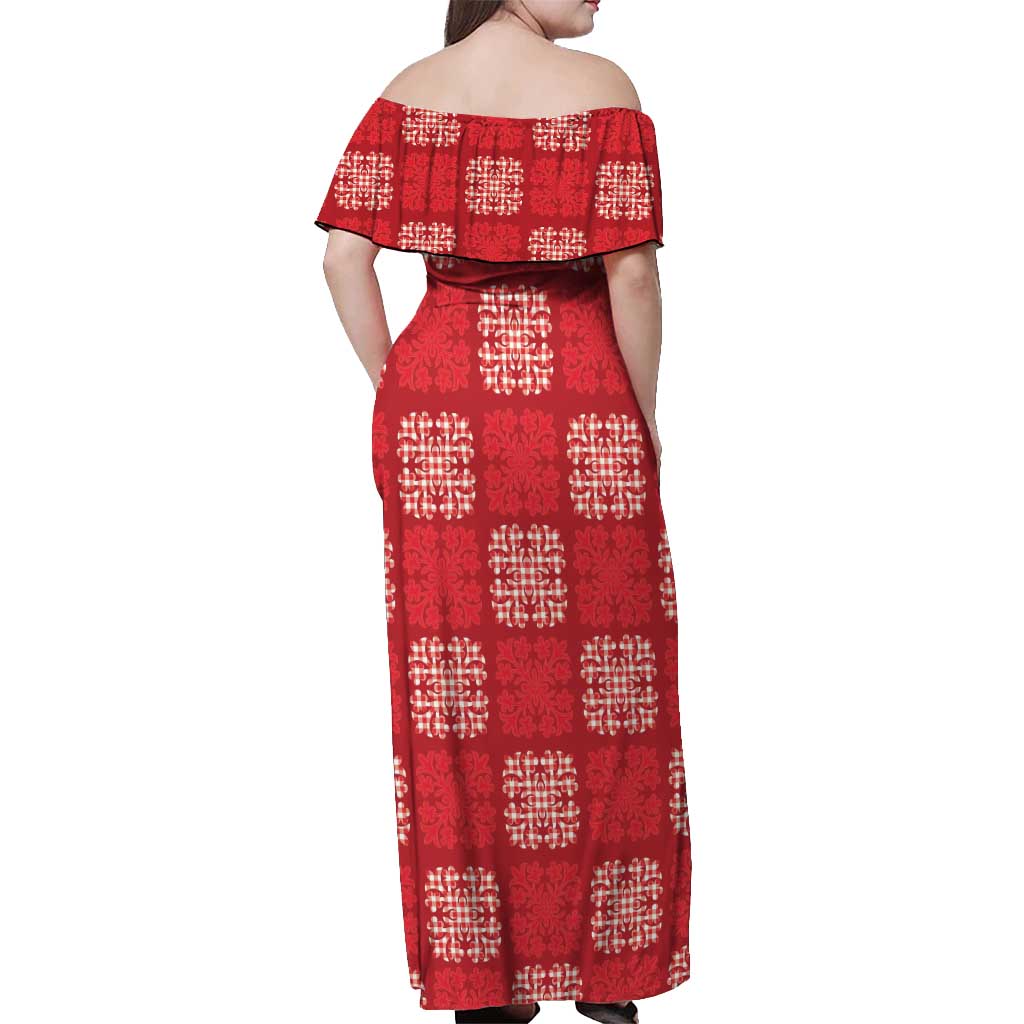 Red Palaka Quilt Hawaii Off Shoulder Maxi Dress Traditional Hawaii-plaid Pattern LT14 - Polynesian Pride