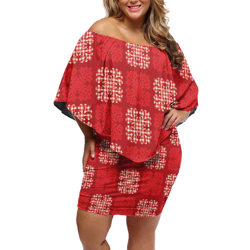 Red Palaka Quilt Hawaii Off Shoulder Short Dress Traditional Hawaii-plaid Pattern LT14 Women Red - Polynesian Pride