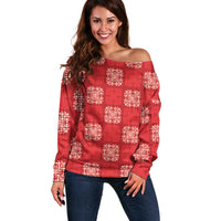 Red Palaka Quilt Hawaii Off Shoulder Sweater Traditional Hawaii-plaid Pattern LT14 Women Red - Polynesian Pride
