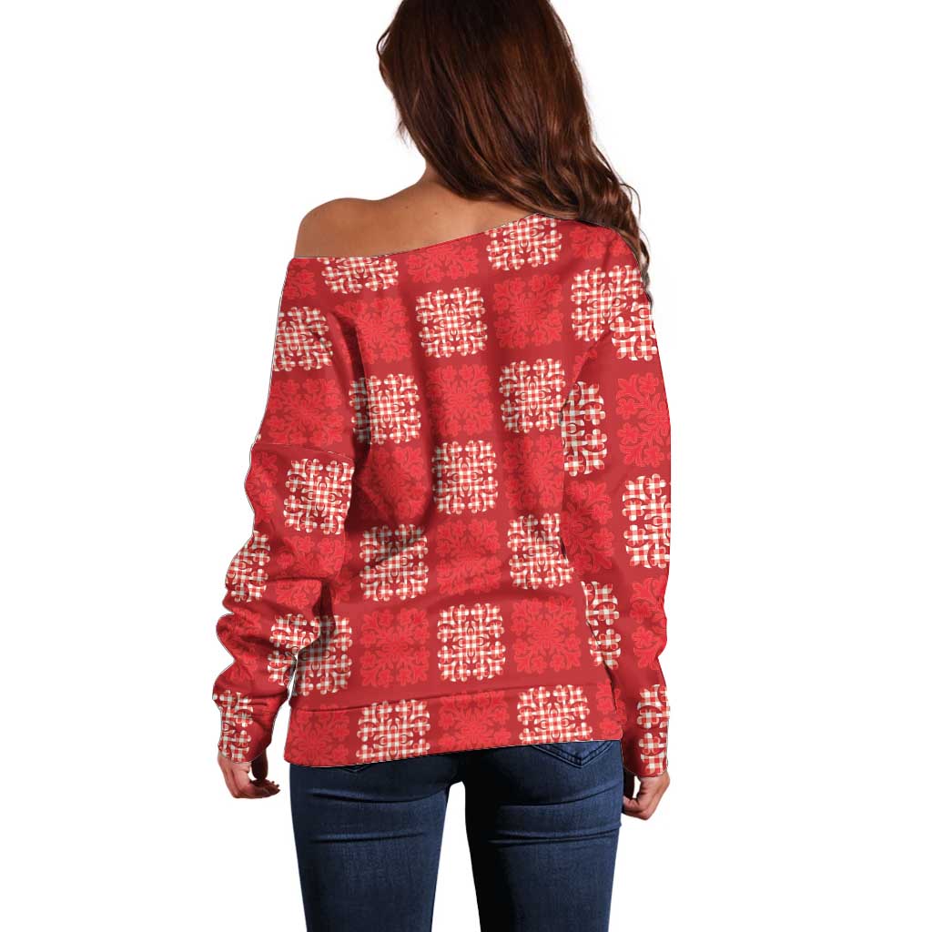 Red Palaka Quilt Hawaii Off Shoulder Sweater Traditional Hawaii-plaid Pattern LT14 - Polynesian Pride