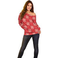 Red Palaka Quilt Hawaii Off Shoulder Sweater Traditional Hawaii-plaid Pattern LT14 - Polynesian Pride