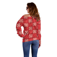 Red Palaka Quilt Hawaii Off Shoulder Sweater Traditional Hawaii-plaid Pattern LT14 - Polynesian Pride
