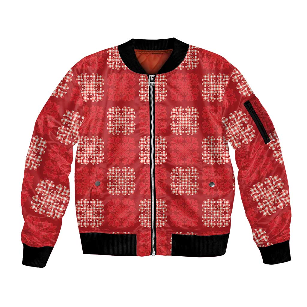 Red Palaka Quilt Hawaii Sleeve Zip Bomber Jacket Traditional Hawaii-plaid Pattern LT14 Unisex Red - Polynesian Pride