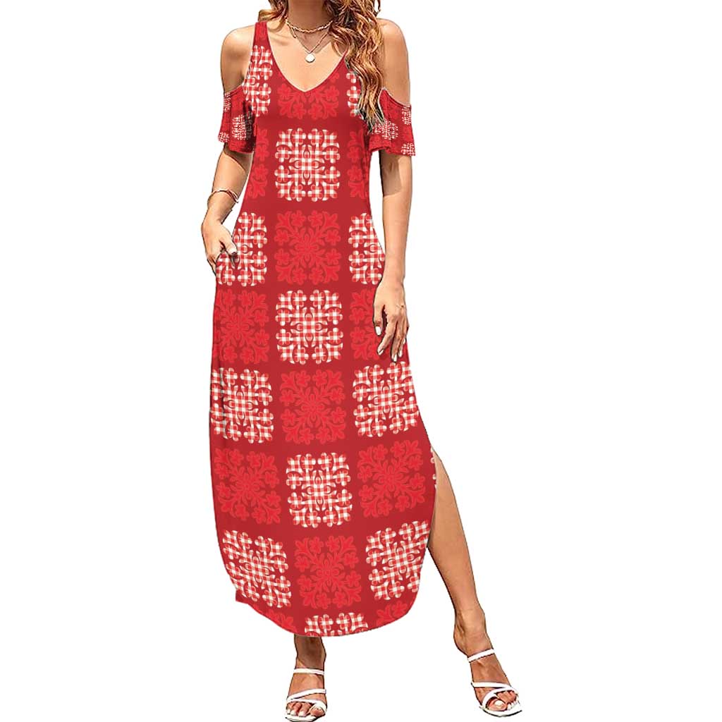 Red Palaka Quilt Hawaii Summer Maxi Dress Traditional Hawaii-plaid Pattern LT14 Women Red - Polynesian Pride