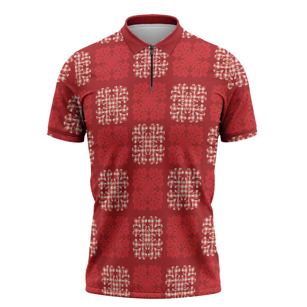 Red Palaka Quilt Hawaii Zipper Polo Shirt Traditional Hawaii-plaid Pattern LT14 Red - Polynesian Pride