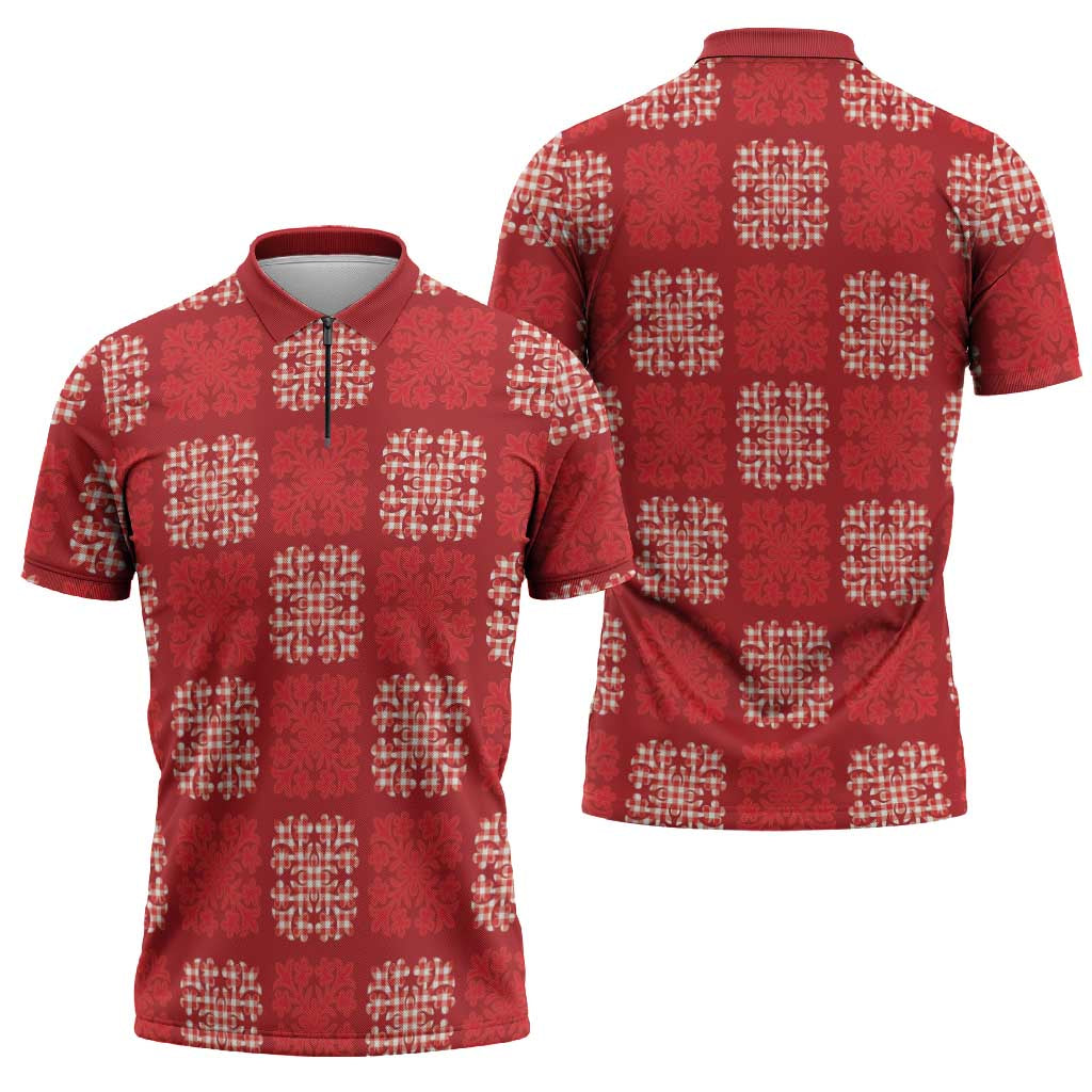 Red Palaka Quilt Hawaii Zipper Polo Shirt Traditional Hawaii-plaid Pattern LT14 - Polynesian Pride