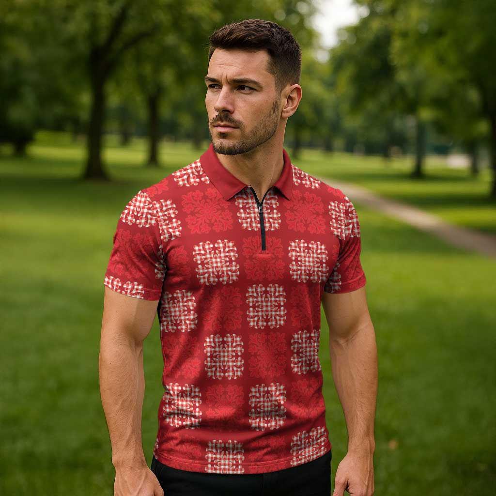 Red Palaka Quilt Hawaii Zipper Polo Shirt Traditional Hawaii-plaid Pattern LT14 - Polynesian Pride