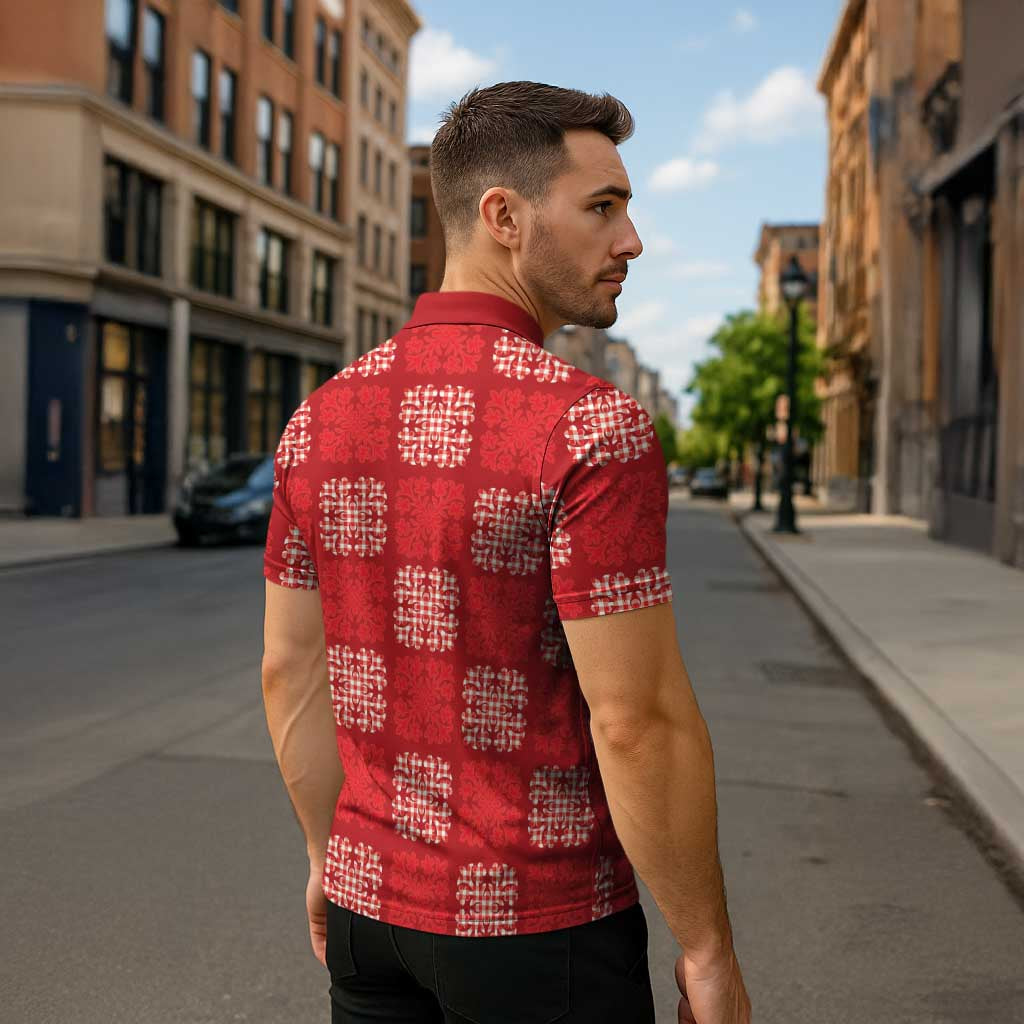 Red Palaka Quilt Hawaii Zipper Polo Shirt Traditional Hawaii-plaid Pattern LT14 - Polynesian Pride