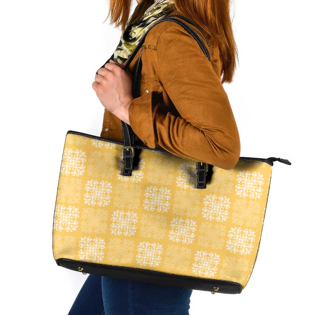 Yellow Palaka Quilt Hawaii Leather Tote Bag Traditional Hawaii-plaid Pattern LT14 Yellow - Polynesian Pride