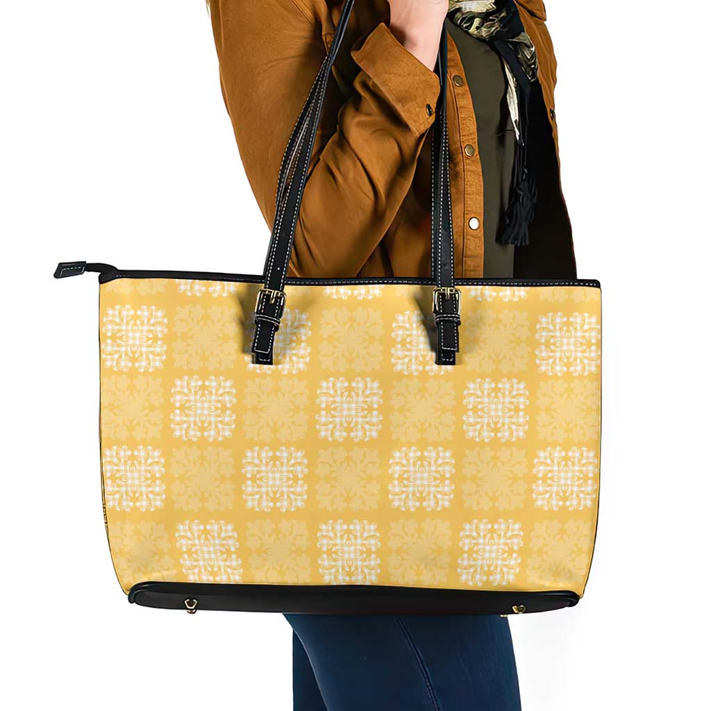 Yellow Palaka Quilt Hawaii Leather Tote Bag Traditional Hawaii-plaid Pattern LT14 - Polynesian Pride