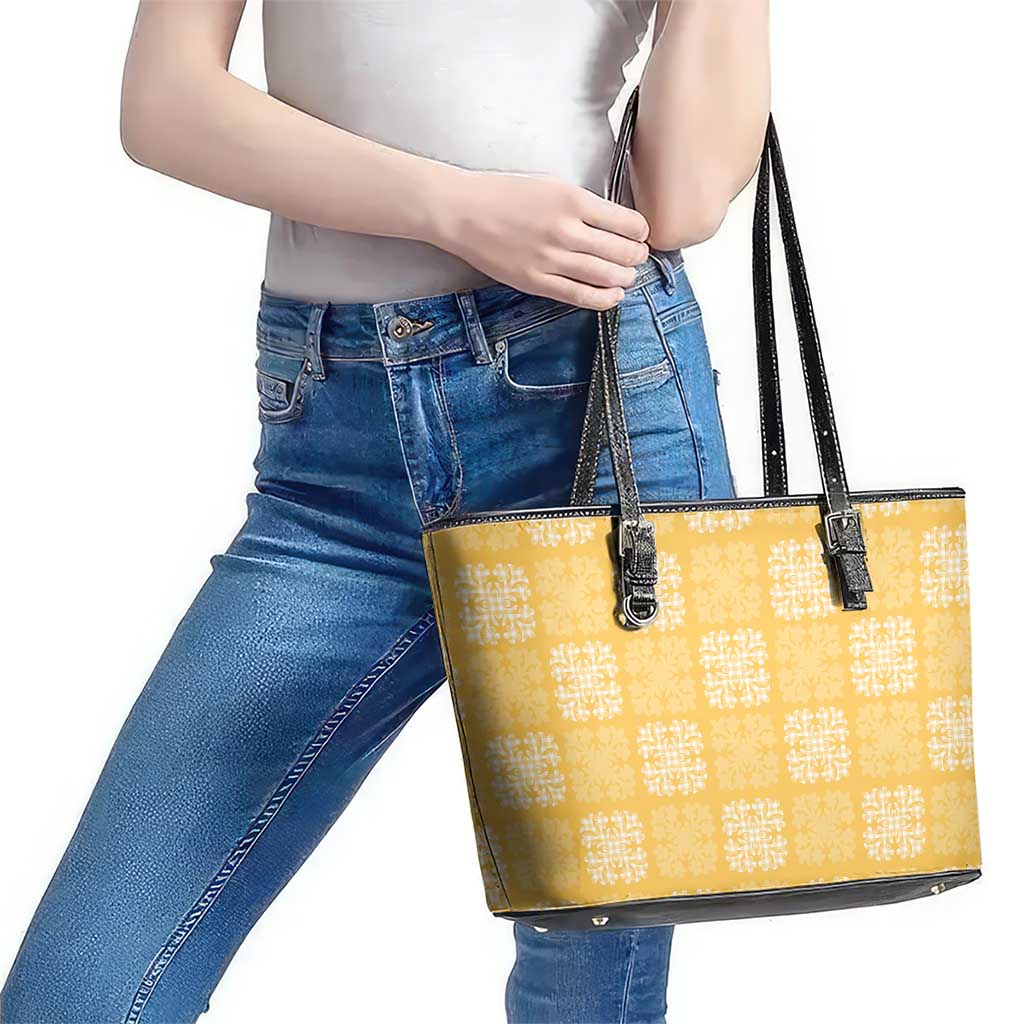 Yellow Palaka Quilt Hawaii Leather Tote Bag Traditional Hawaii-plaid Pattern LT14 - Polynesian Pride