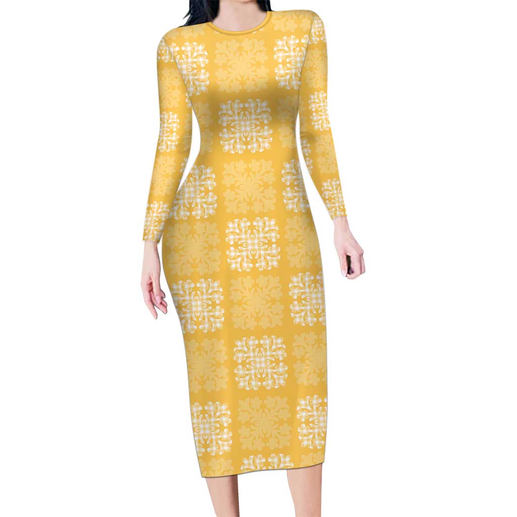 Yellow Palaka Quilt Hawaii Long Sleeve Bodycon Dress Traditional Hawaii-plaid Pattern LT14 Long Dress Yellow - Polynesian Pride