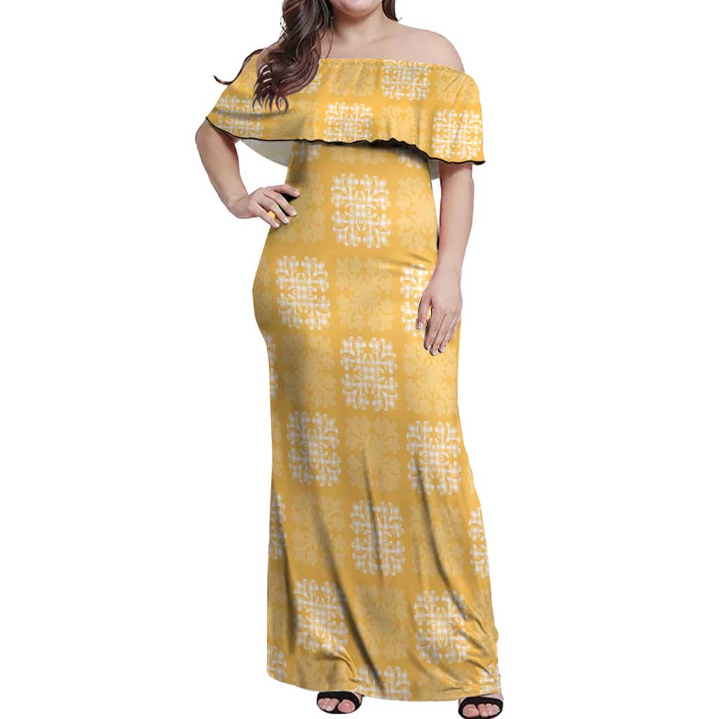 Yellow Palaka Quilt Hawaii Off Shoulder Maxi Dress Traditional Hawaii-plaid Pattern LT14 Women Yellow - Polynesian Pride