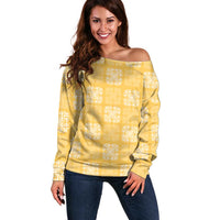 Yellow Palaka Quilt Hawaii Off Shoulder Sweater Traditional Hawaii-plaid Pattern LT14 Women Yellow - Polynesian Pride