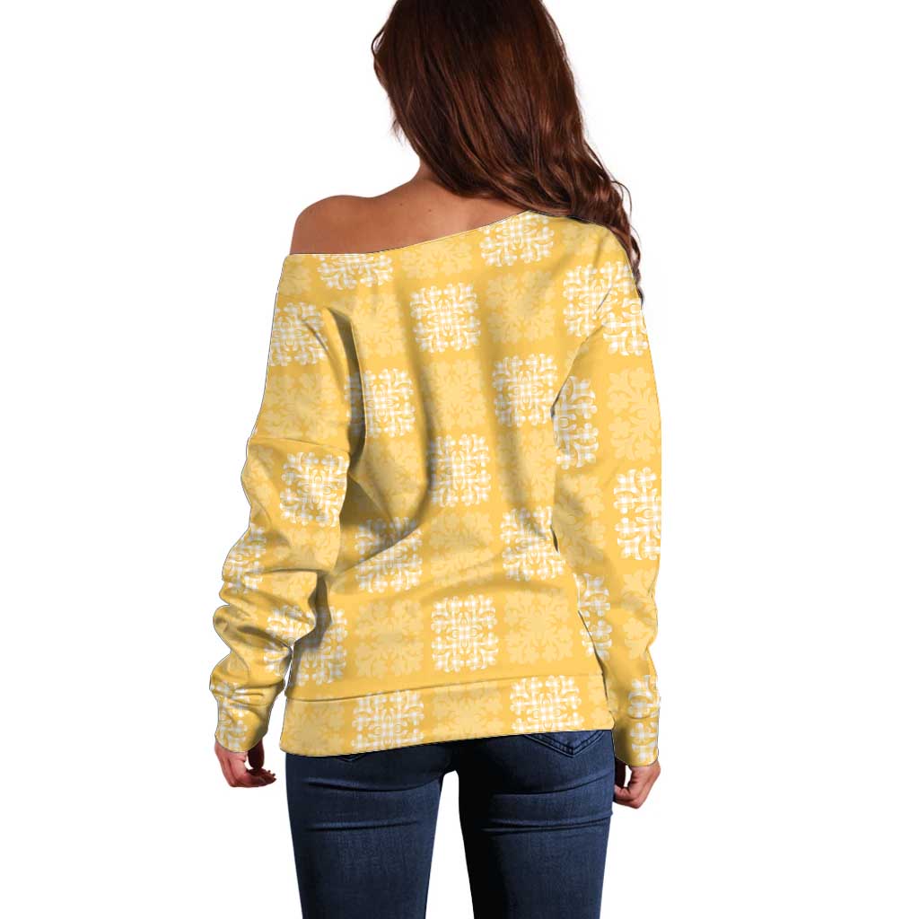 Yellow Palaka Quilt Hawaii Off Shoulder Sweater Traditional Hawaii-plaid Pattern LT14 - Polynesian Pride