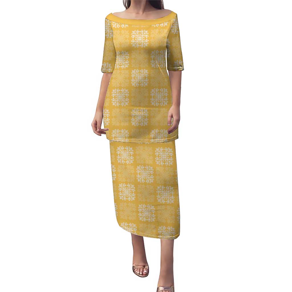Yellow Palaka Quilt Hawaii Puletasi Traditional Hawaii-plaid Pattern LT14 Long Dress Yellow - Polynesian Pride