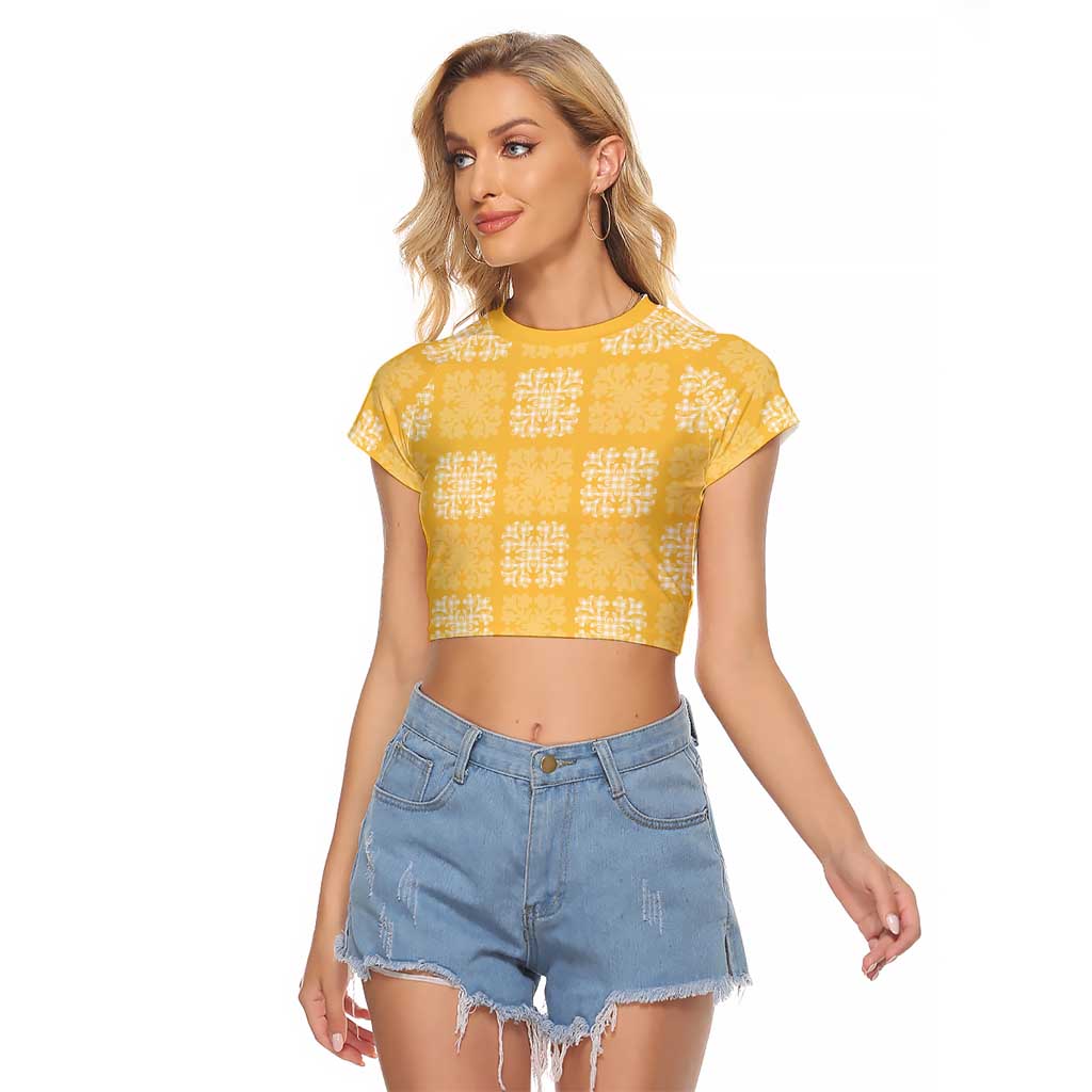 Yellow Palaka Quilt Hawaii Raglan Cropped T Shirt Traditional Hawaii-plaid Pattern LT14 Female Yellow - Polynesian Pride