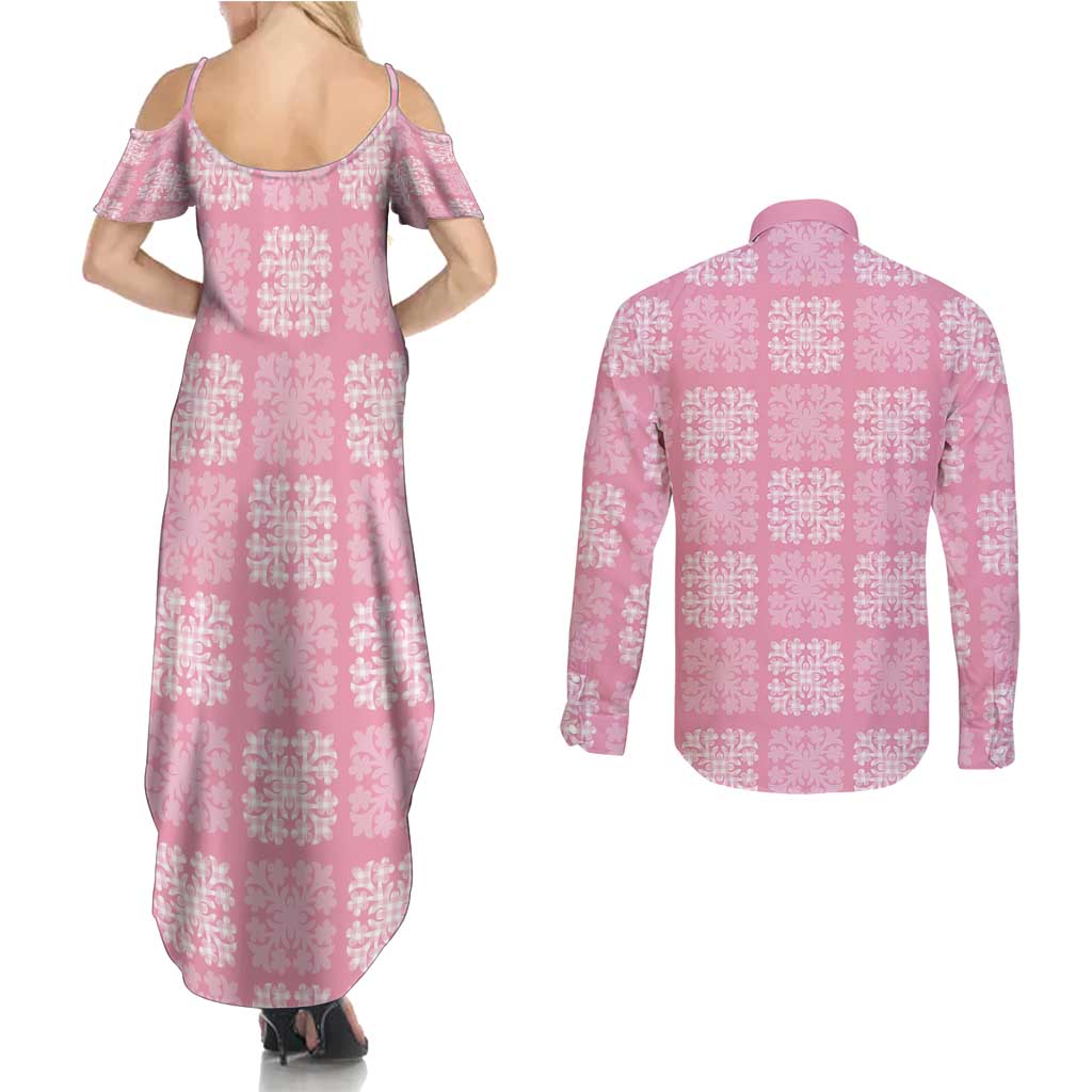 Pink Palaka Quilt Hawaii Couples Matching Summer Maxi Dress and Long Sleeve Button Shirt Traditional Hawaii-plaid Pattern LT14 - Polynesian Pride