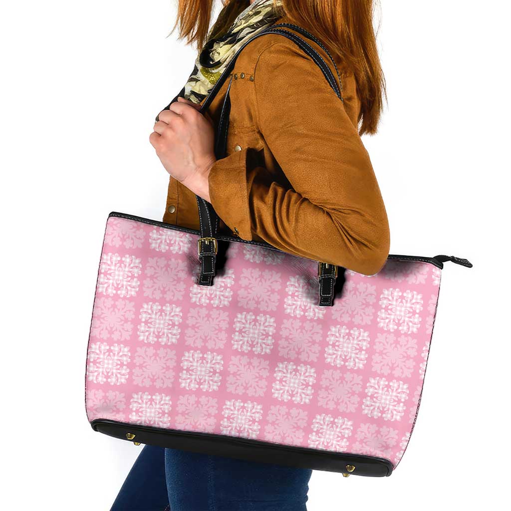Pink Palaka Quilt Hawaii Leather Tote Bag Traditional Hawaii-plaid Pattern LT14 Pink - Polynesian Pride
