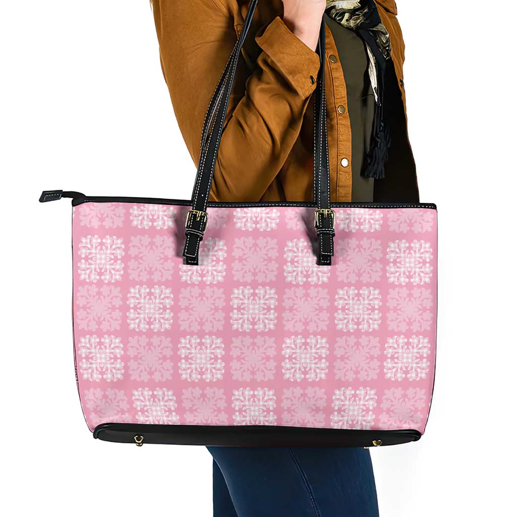 Pink Palaka Quilt Hawaii Leather Tote Bag Traditional Hawaii-plaid Pattern LT14 - Polynesian Pride