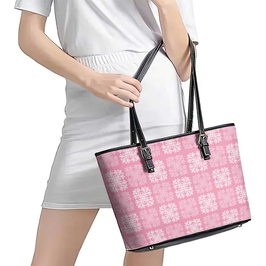 Pink Palaka Quilt Hawaii Leather Tote Bag Traditional Hawaii-plaid Pattern LT14 - Polynesian Pride