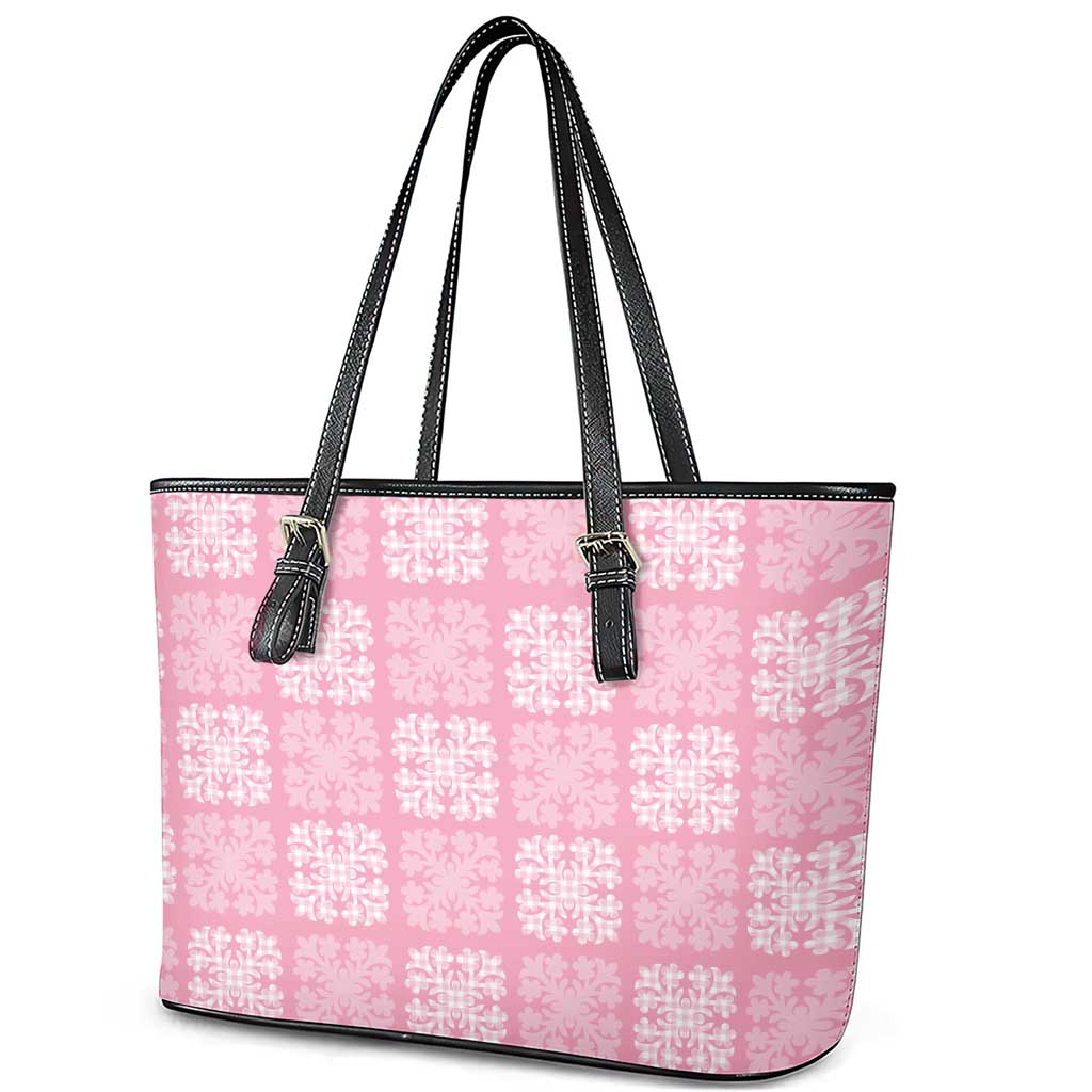 Pink Palaka Quilt Hawaii Leather Tote Bag Traditional Hawaii-plaid Pattern LT14 - Polynesian Pride