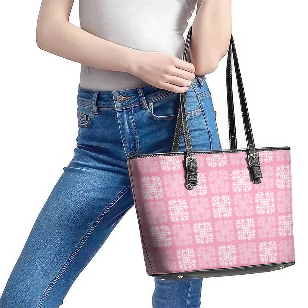 Pink Palaka Quilt Hawaii Leather Tote Bag Traditional Hawaii-plaid Pattern LT14 - Polynesian Pride