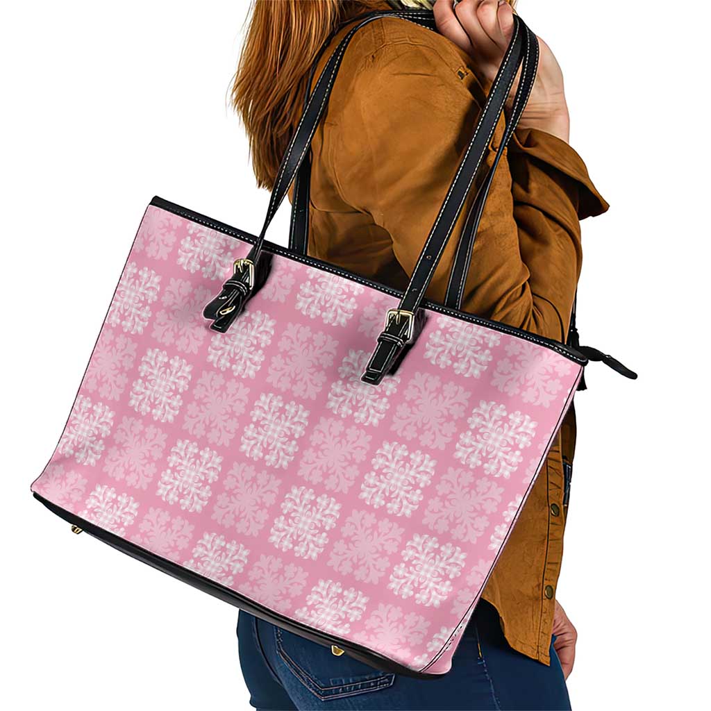 Pink Palaka Quilt Hawaii Leather Tote Bag Traditional Hawaii-plaid Pattern LT14 - Polynesian Pride