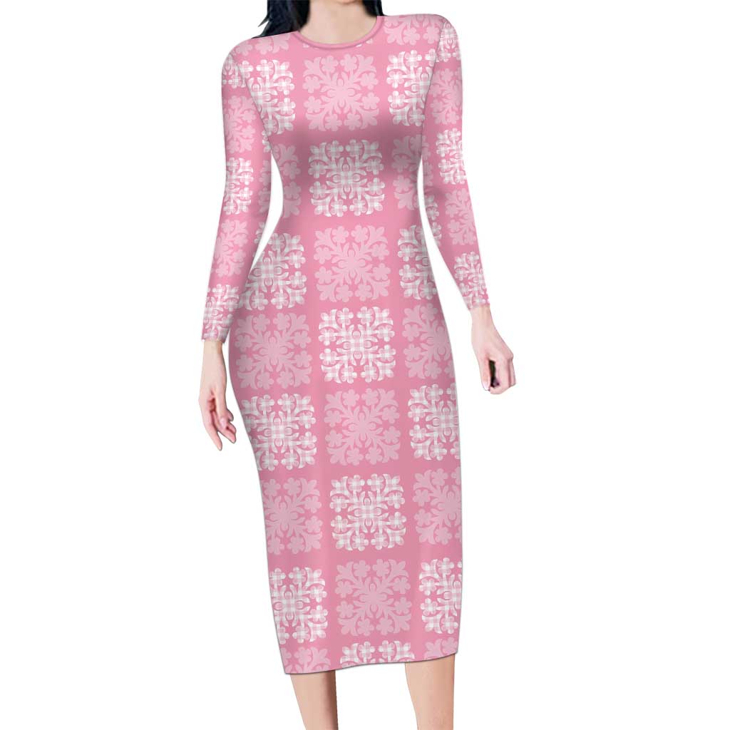 Pink Palaka Quilt Hawaii Long Sleeve Bodycon Dress Traditional Hawaii-plaid Pattern LT14 Long Dress Pink - Polynesian Pride