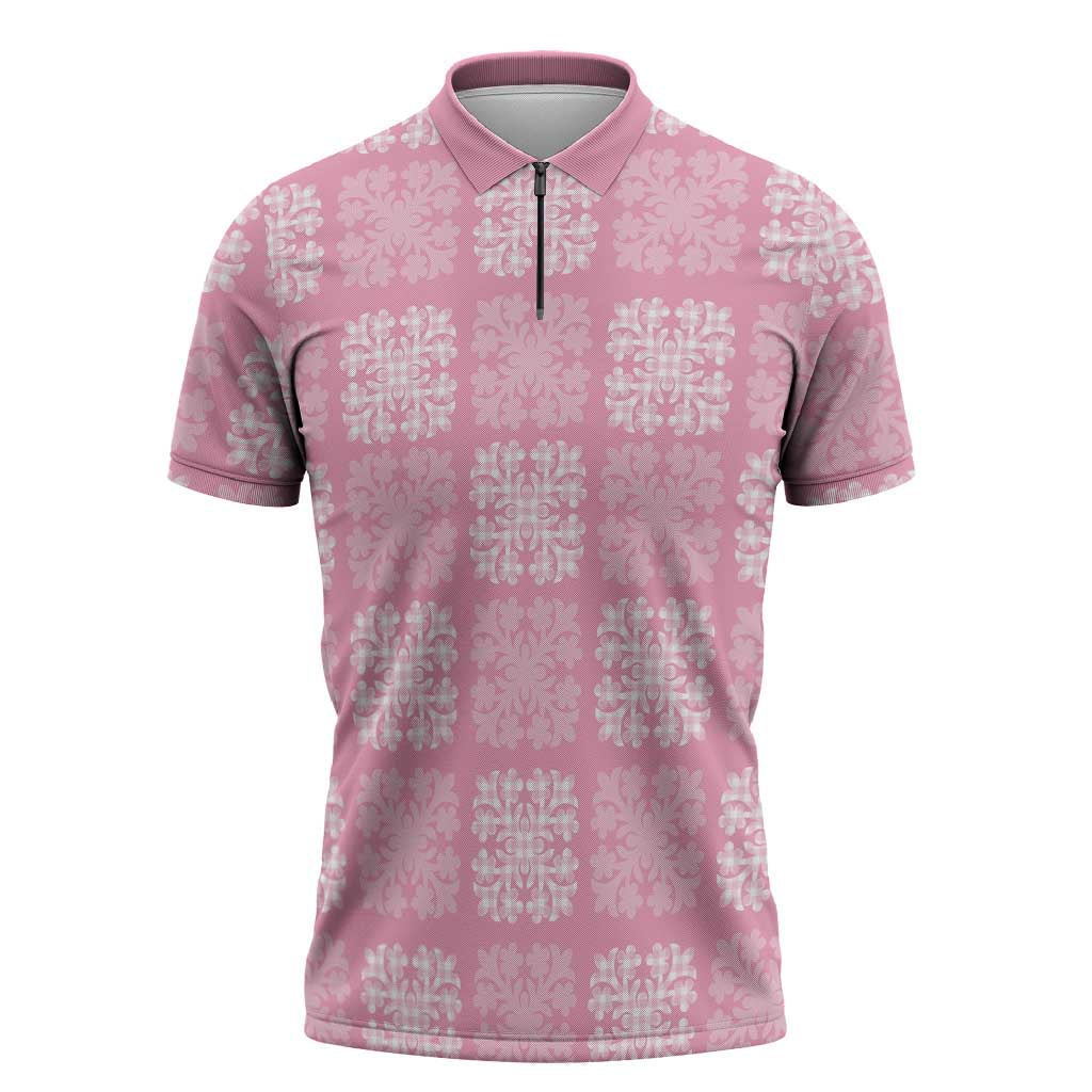 Pink Palaka Quilt Hawaii Zipper Polo Shirt Traditional Hawaii-plaid Pattern LT14 Pink - Polynesian Pride