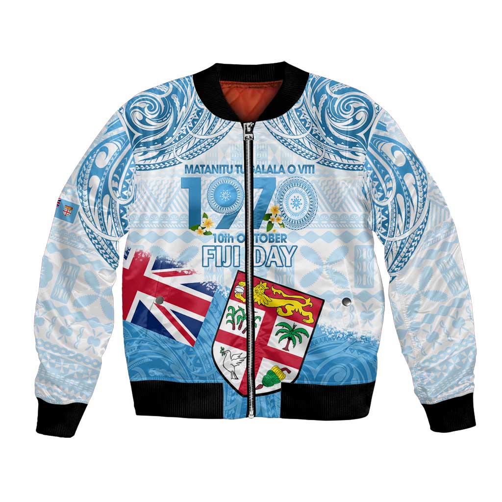 Fiji Day 1970 Bomber Jacket Proud To Be A Fijian Tapa Pattern LT14 Unisex Blue - Polynesian Pride