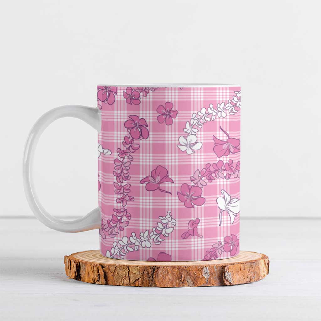 Alaka Aloha Hawaii Ceramic Mug Plumeria Lei With Palaka Motif LT14 Pink - Polynesian Pride