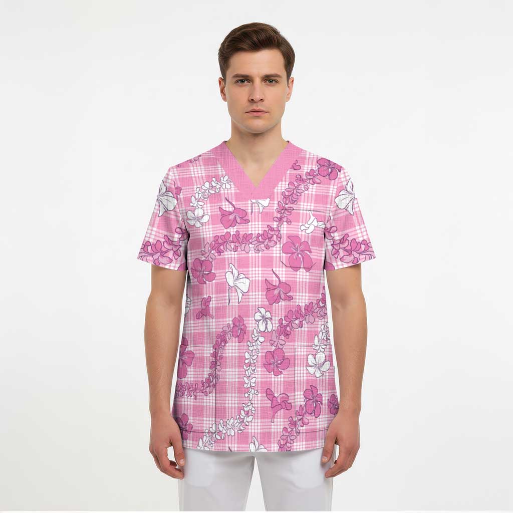 Alaka Aloha Hawaii Scrub Top Plumeria Lei With Palaka Motif LT14 - Polynesian Pride
