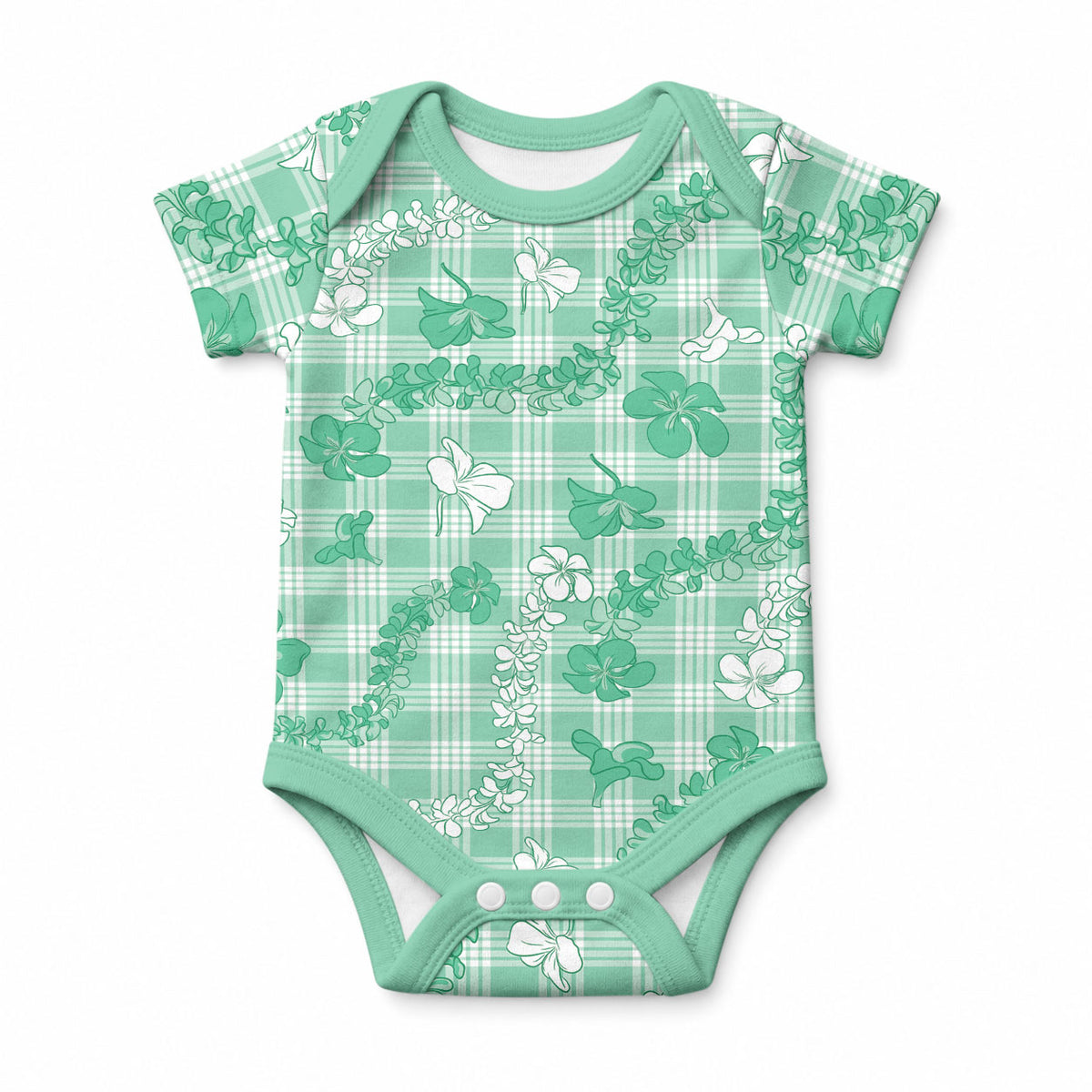 Omaomao Aloha Hawaii Baby Onesie Plumeria Lei With Palaka Motif LT14 Green - Polynesian Pride
