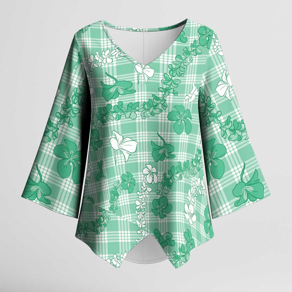 Omaomao Aloha Hawaii Kimono Sleeve Blouse Plumeria Lei With Palaka Motif LT14 Female Green - Polynesian Pride