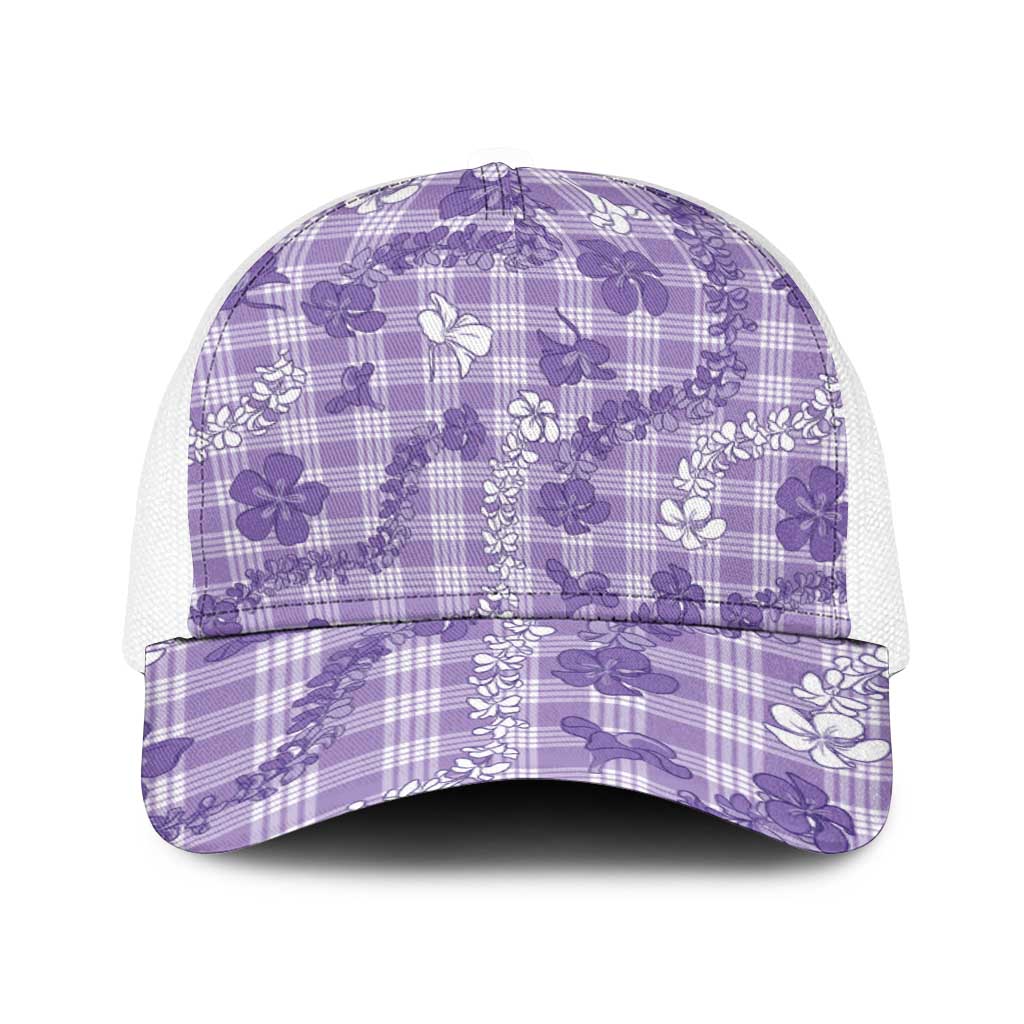 Poni Aloha Hawaii Baseball Net Cap Plumeria Lei With Palaka Motif LT14 One Size White Purple - Polynesian Pride