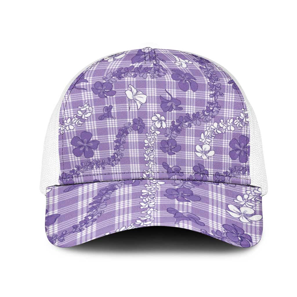 Poni Aloha Hawaii Mesh Trucker Cap Plumeria Lei With Palaka Motif LT14 One Size White Purple - Polynesian Pride