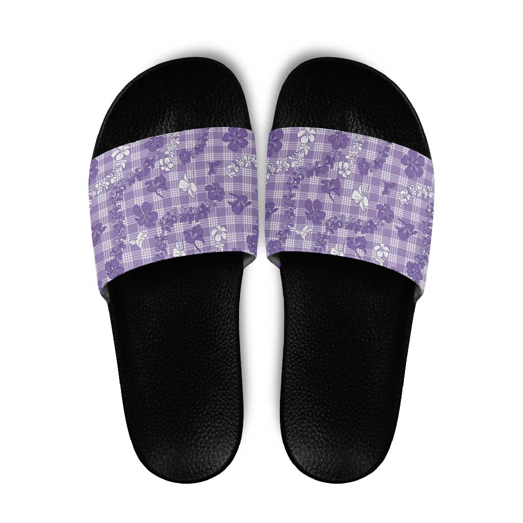 Poni Aloha Hawaii Slide Sandals Plumeria Lei With Palaka Motif LT14 Purple - Polynesian Pride