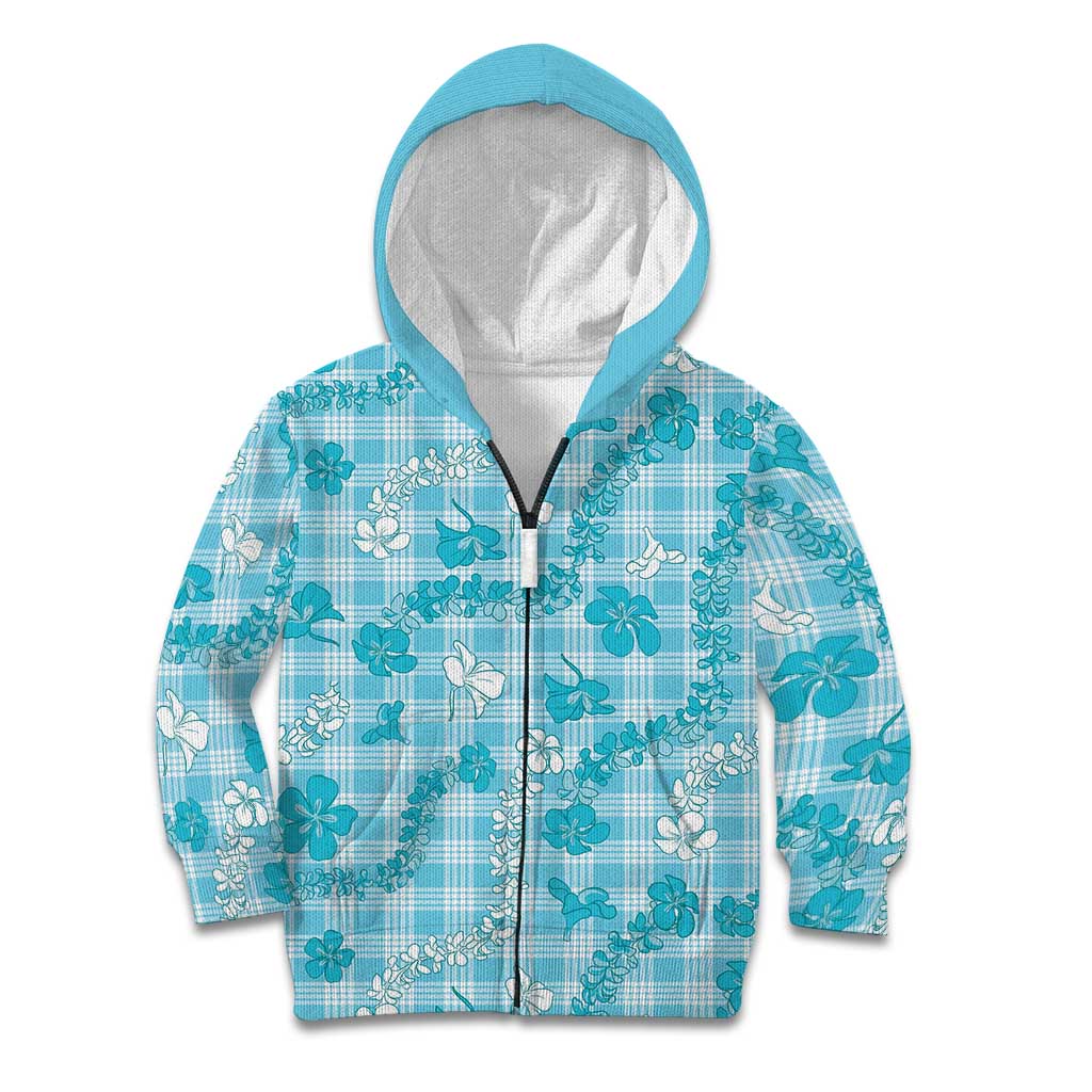 Polu Aloha Hawaii Kid Hoodie Plumeria Lei With Palaka Motif LT14 Zip Hoodie Blue - Polynesian Pride