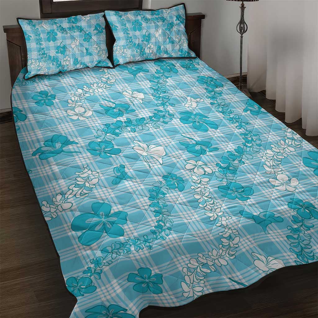 Polu Aloha Hawaii Quilt Bed Set Plumeria Lei With Palaka Motif LT14 Blue - Polynesian Pride