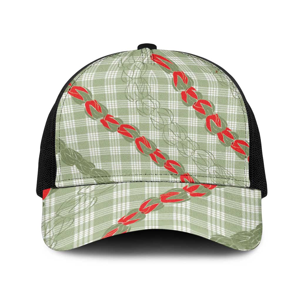 Omaomao Aloha Hawaii Baseball Net Cap Rosebud Lei With Palaka Motif LT14 One Size Black Green - Polynesian Pride